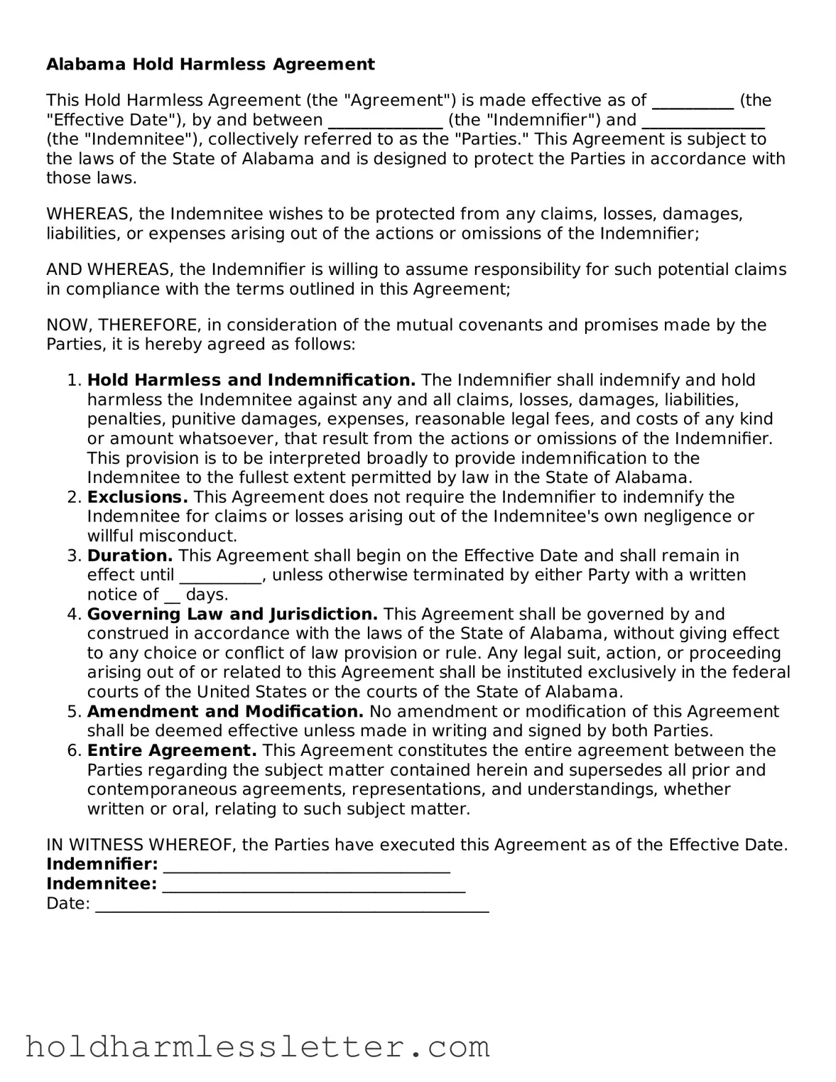 Printable Alabama Hold Harmless Agreement Form