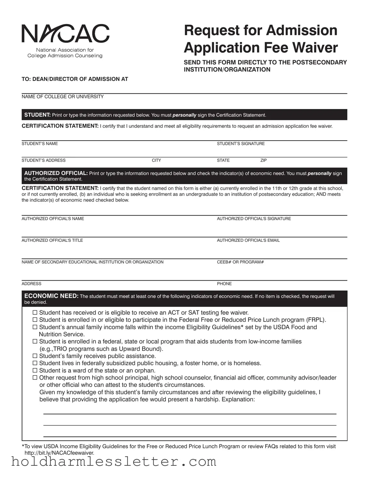 Blank Application Fee Waiver PDF Template
