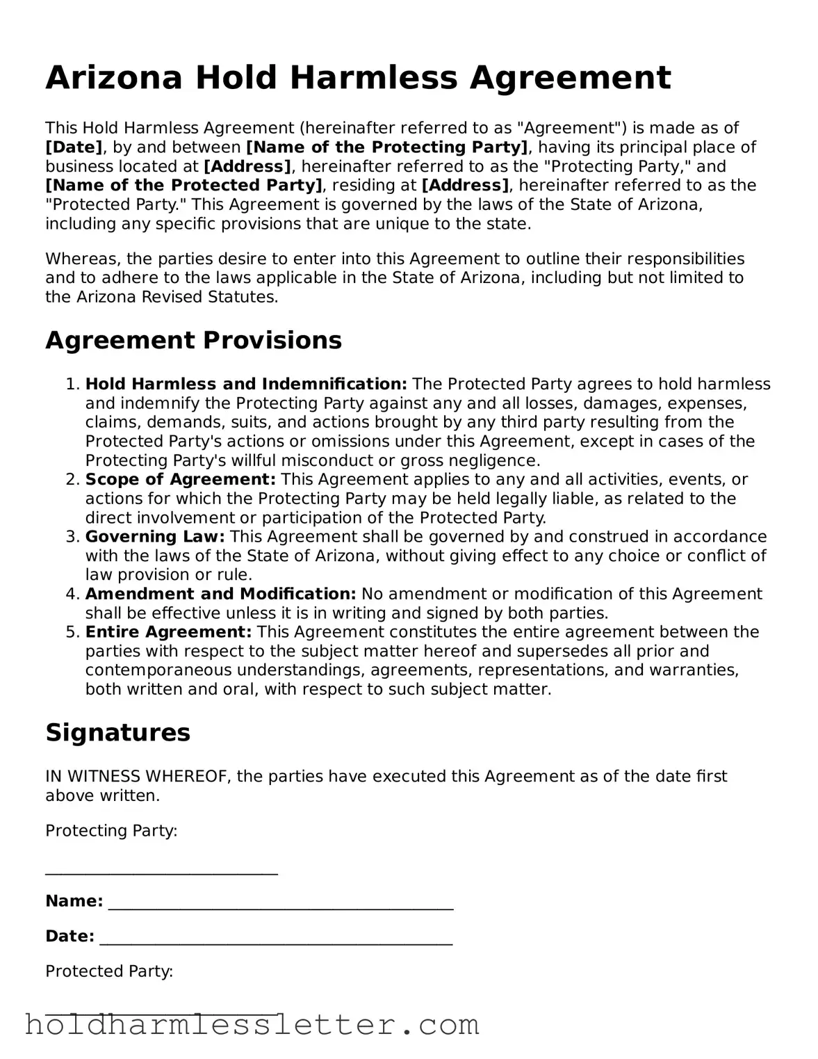 Printable Arizona Hold Harmless Agreement Form