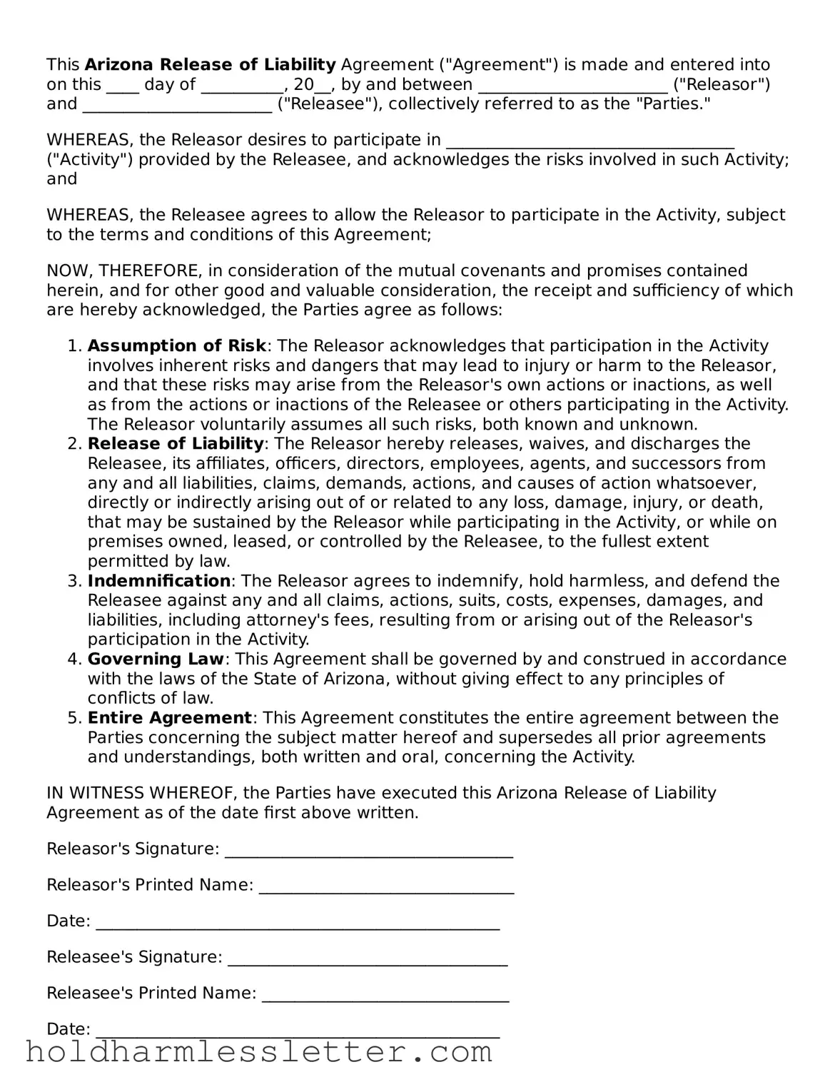 Printable Arizona Release of Liability Form