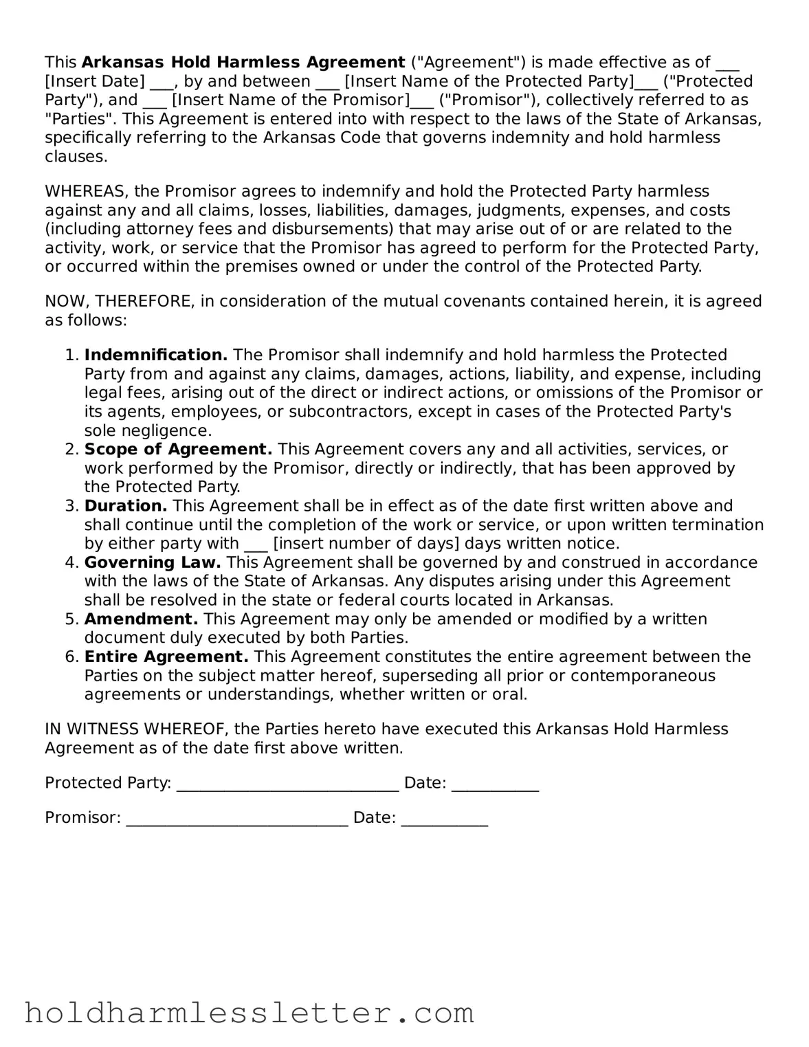 Printable Arkansas Hold Harmless Agreement Form