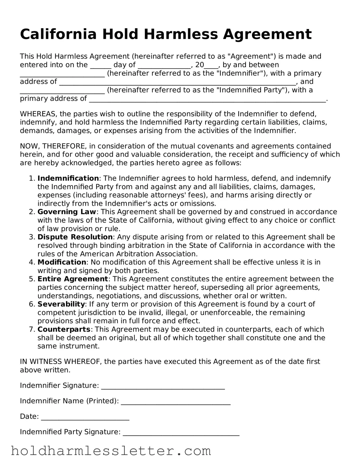 Printable California Hold Harmless Agreement Form