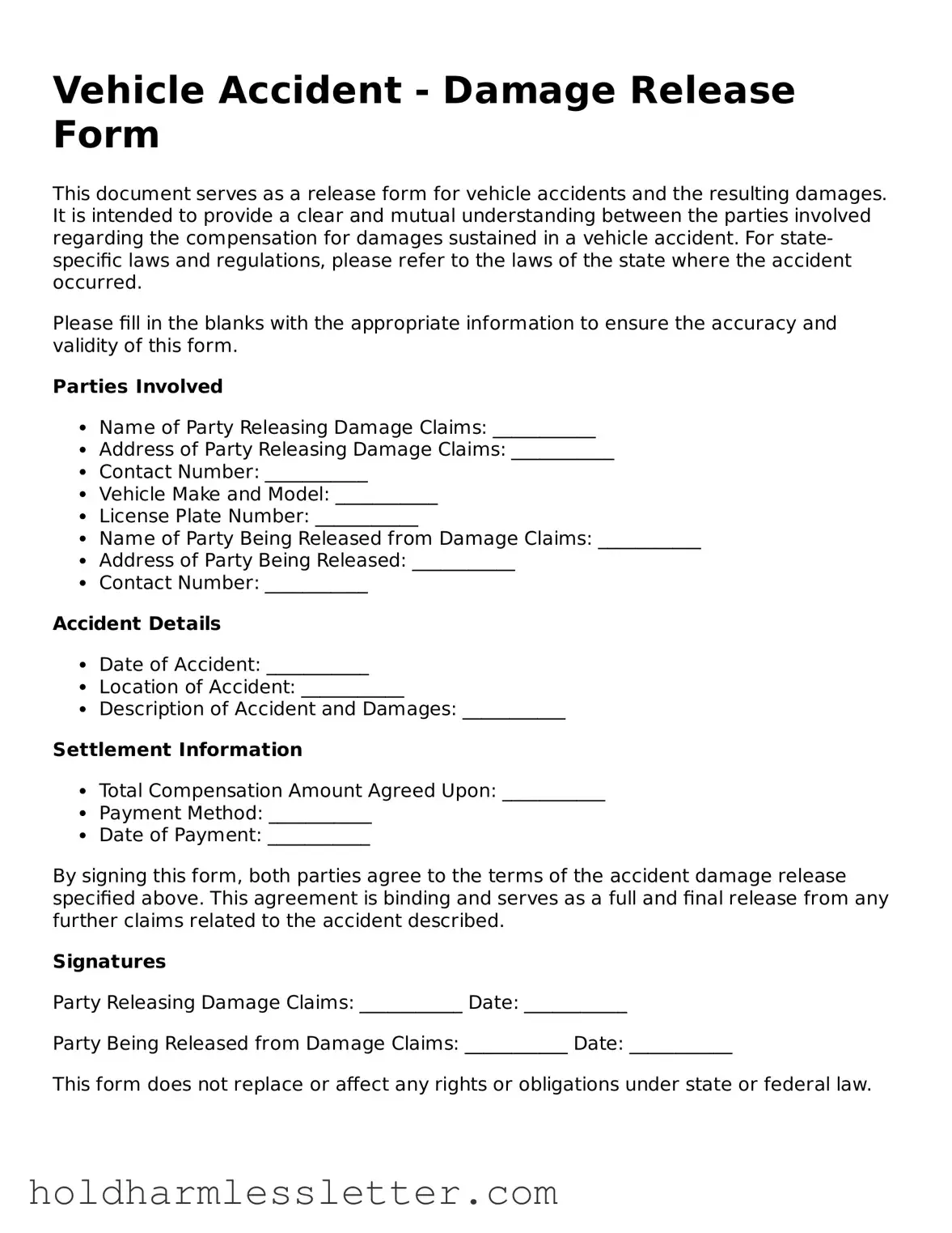 Fillable Vehicle Accident Damage Release Template