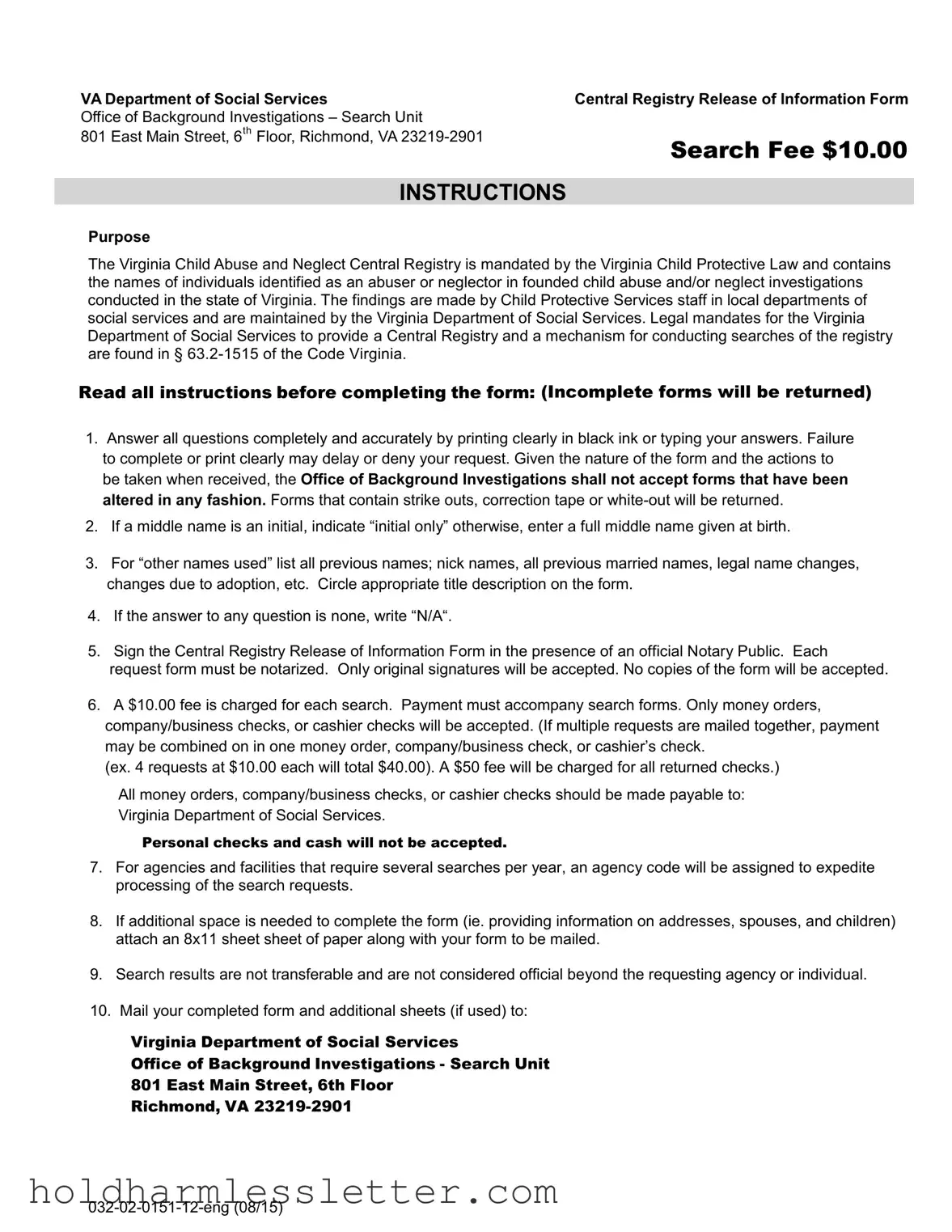 Blank Central Registry Release Information PDF Template