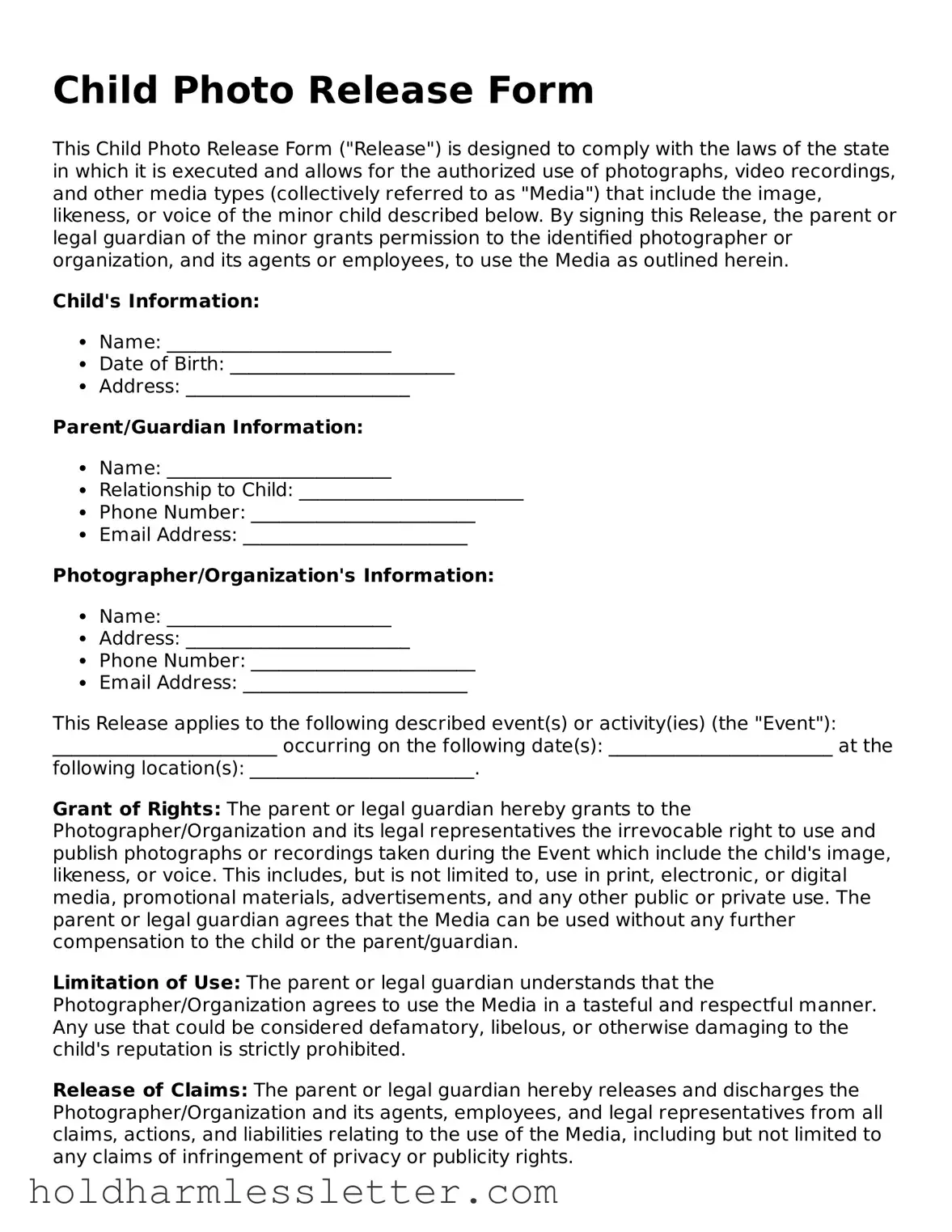 Fillable Child Photo Release Template