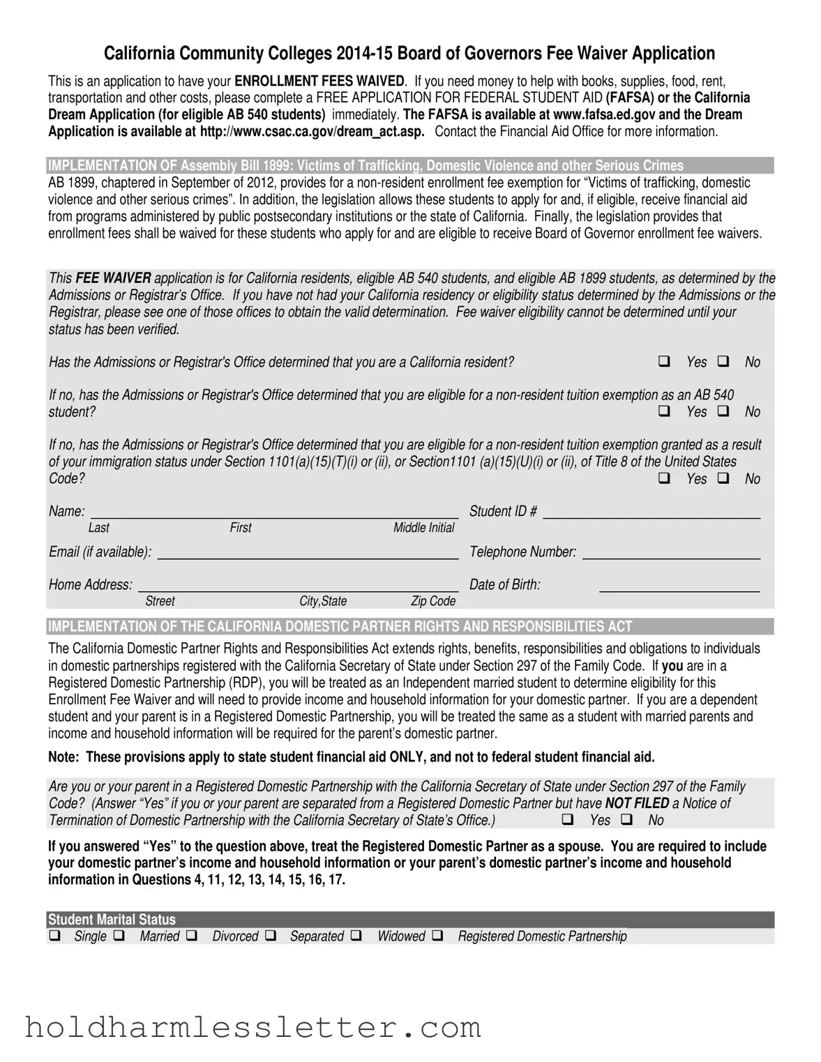 Blank Colleges Fee Waiver PDF Template