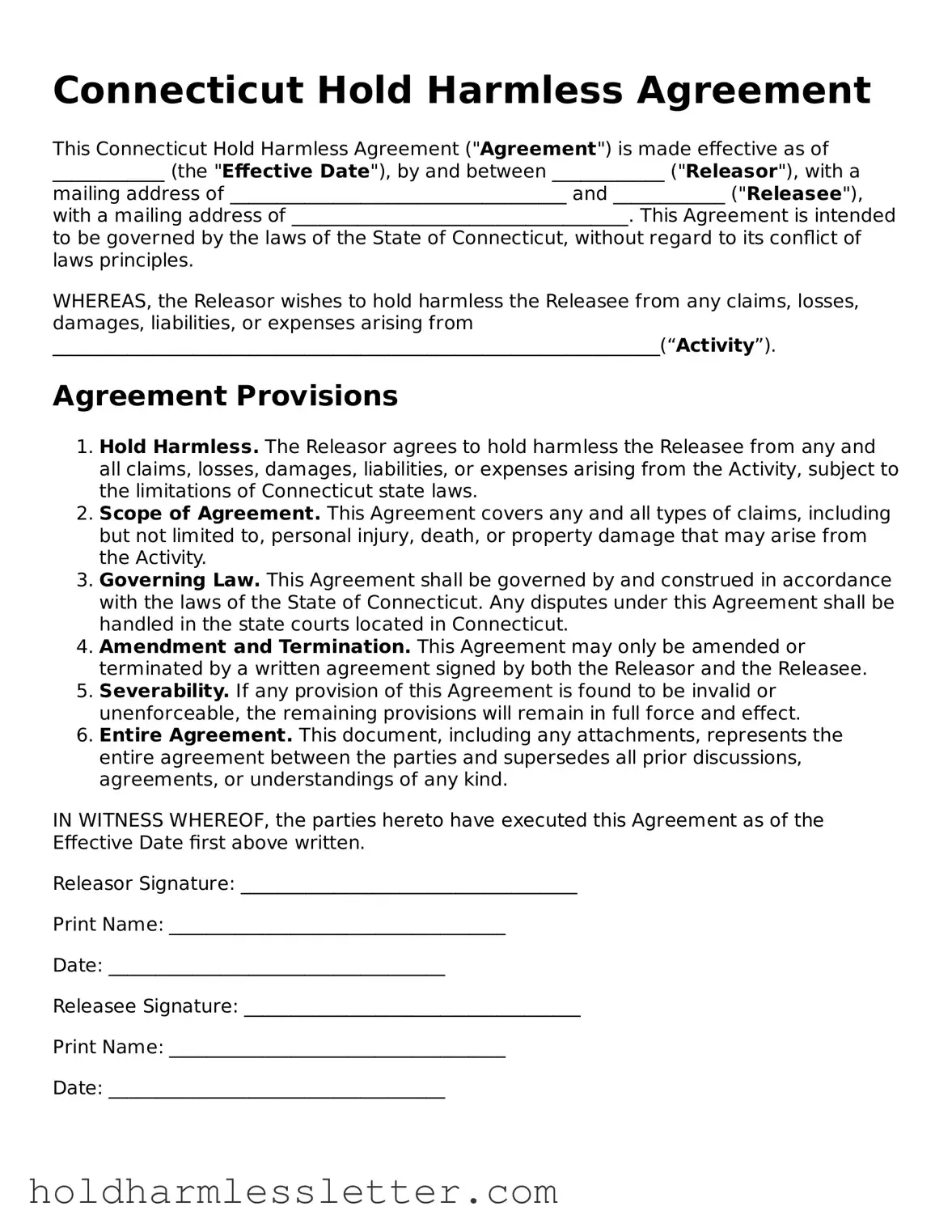 Printable Connecticut Hold Harmless Agreement Form