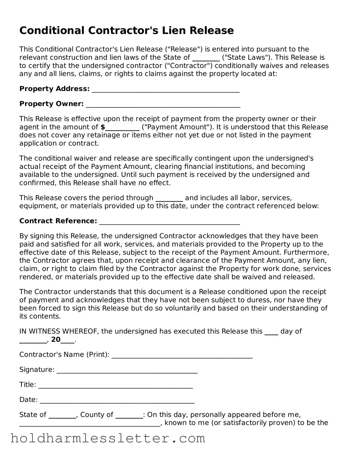 Fillable Conditional Contractor’s Lien Release Template