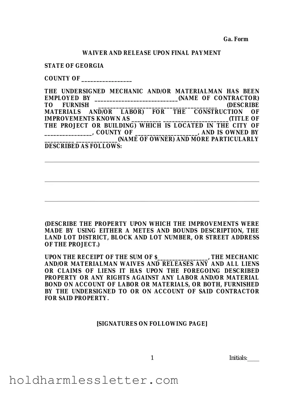 Blank Contractors Release Ga PDF Template