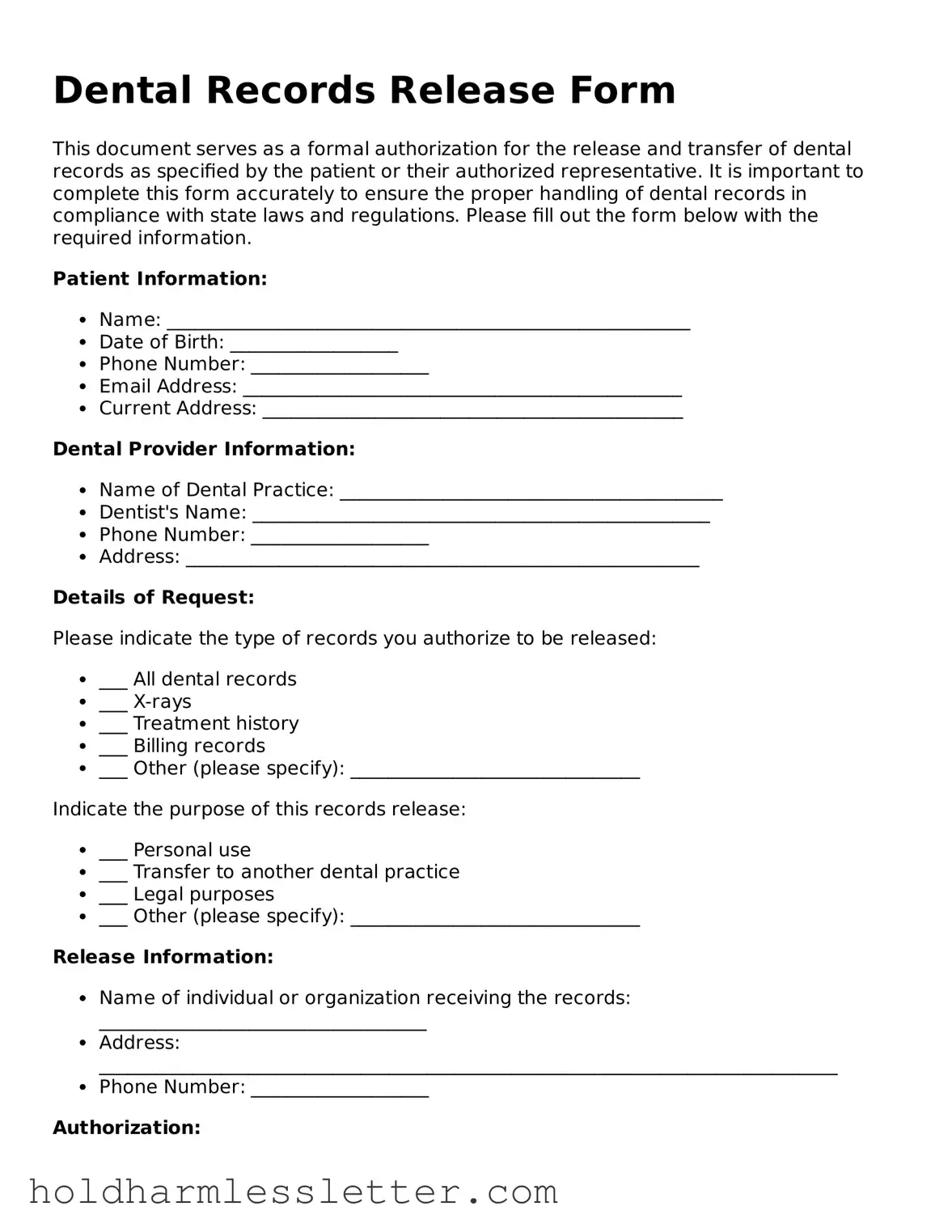 Fillable Dental Records Release Template