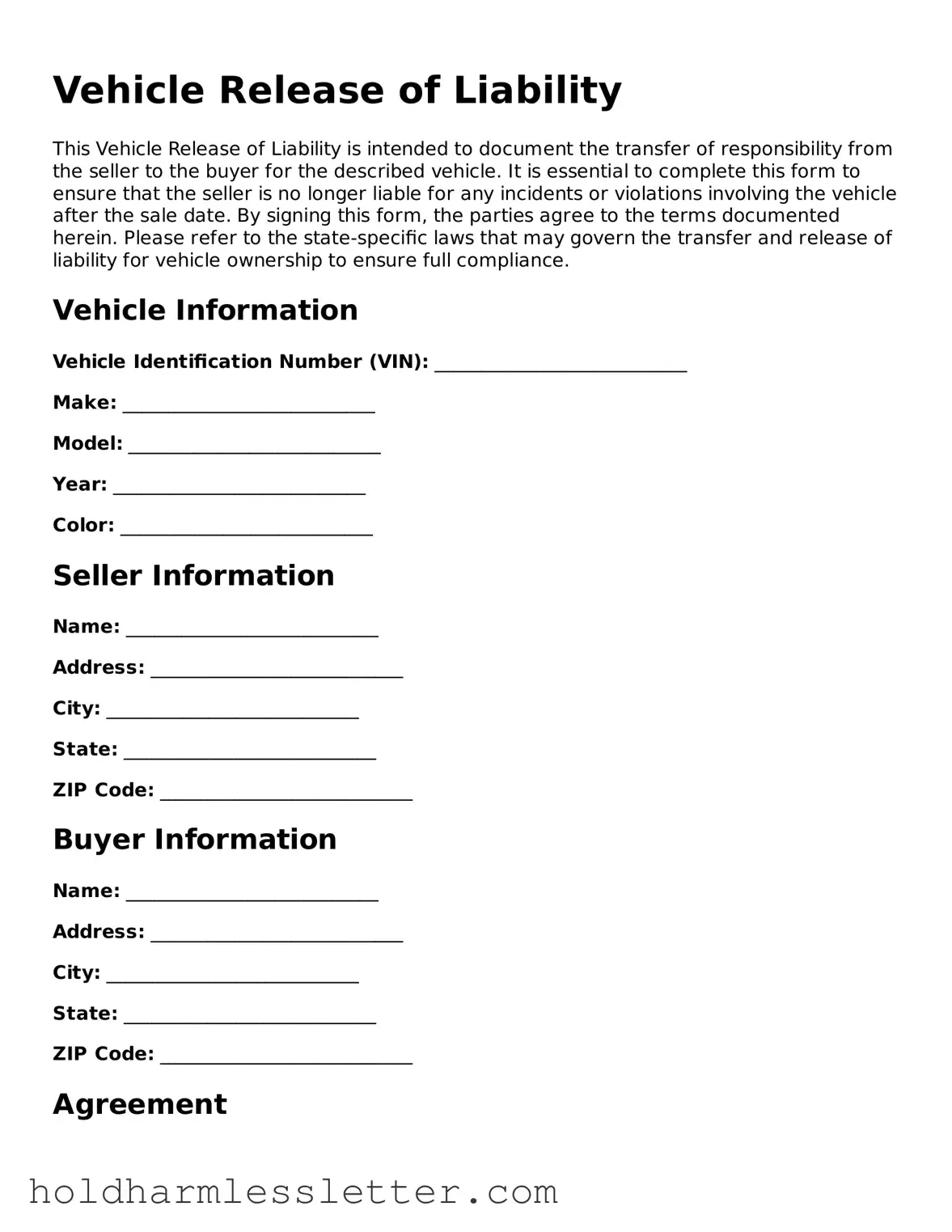 Fillable Vehicle Release of Liability Template