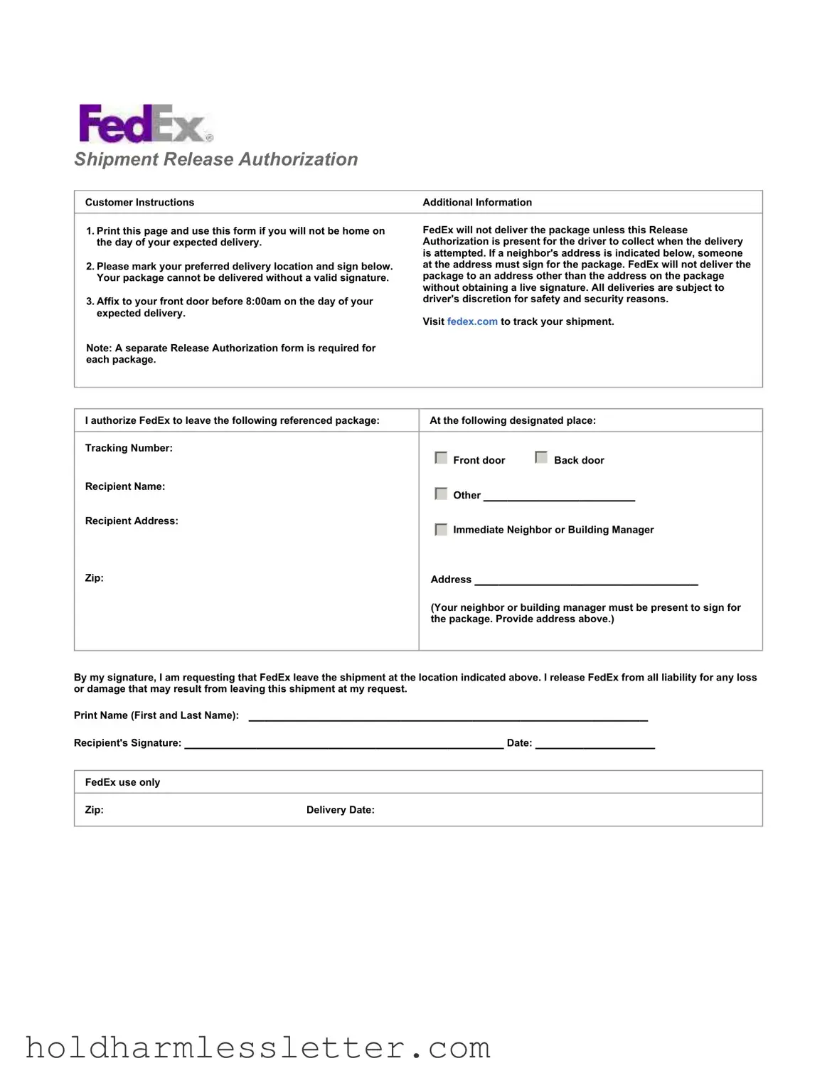 Blank Fedex Release PDF Template
