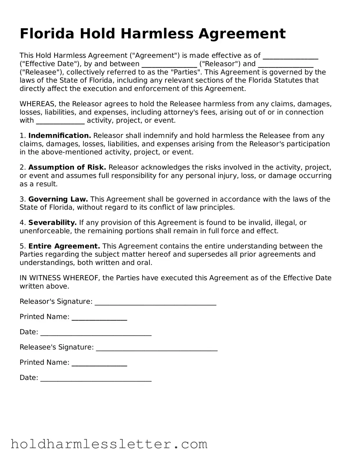Printable Florida Hold Harmless Agreement Form