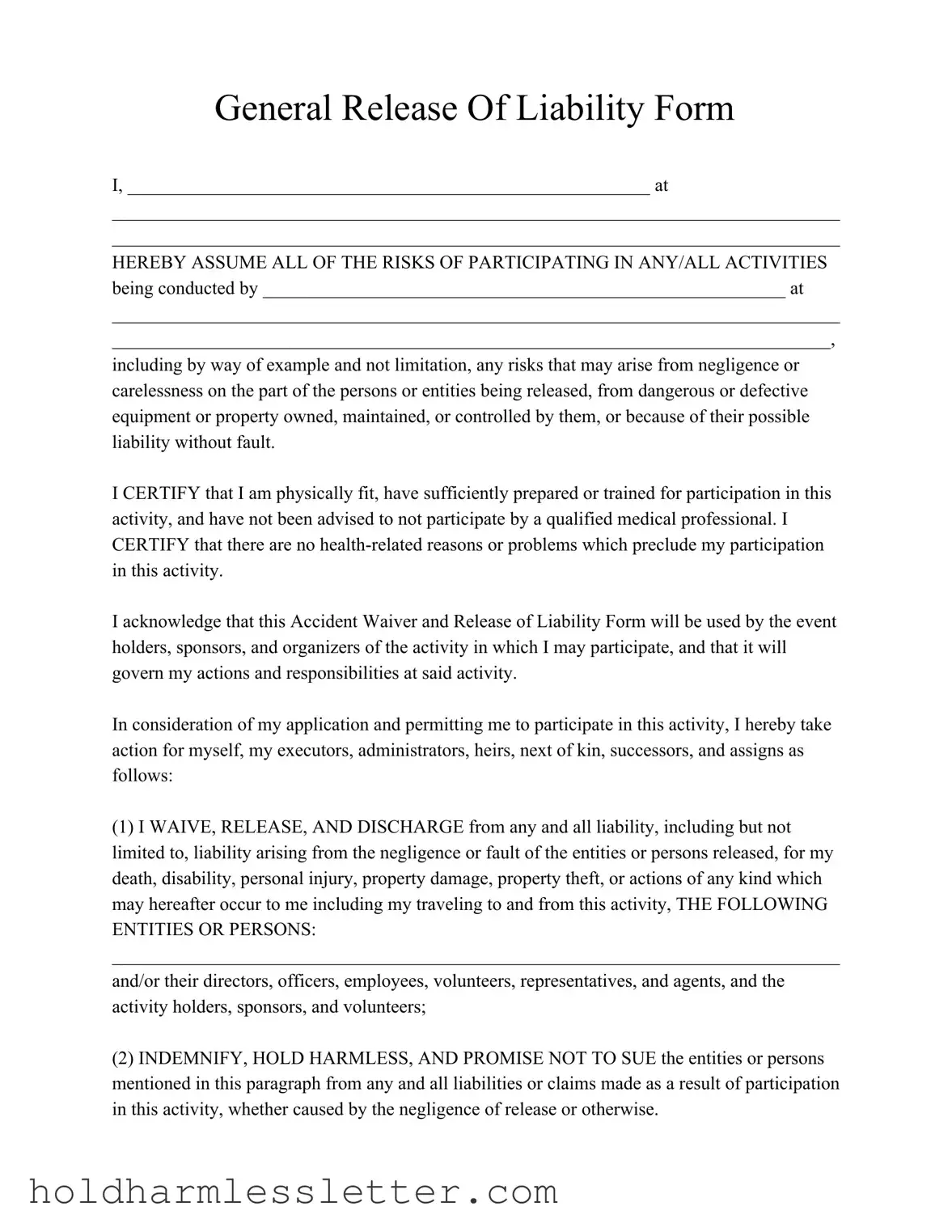 Blank General Release Of Liability PDF Template