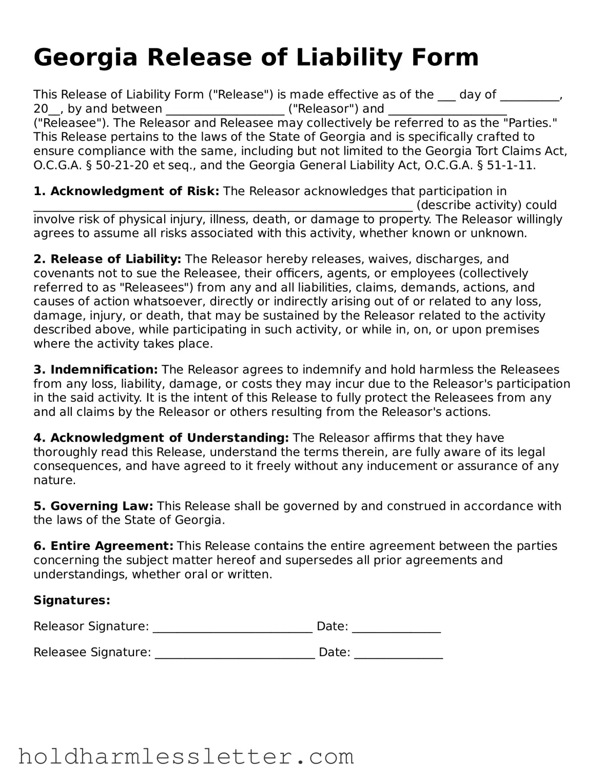 Printable Georgia Release of Liability Form