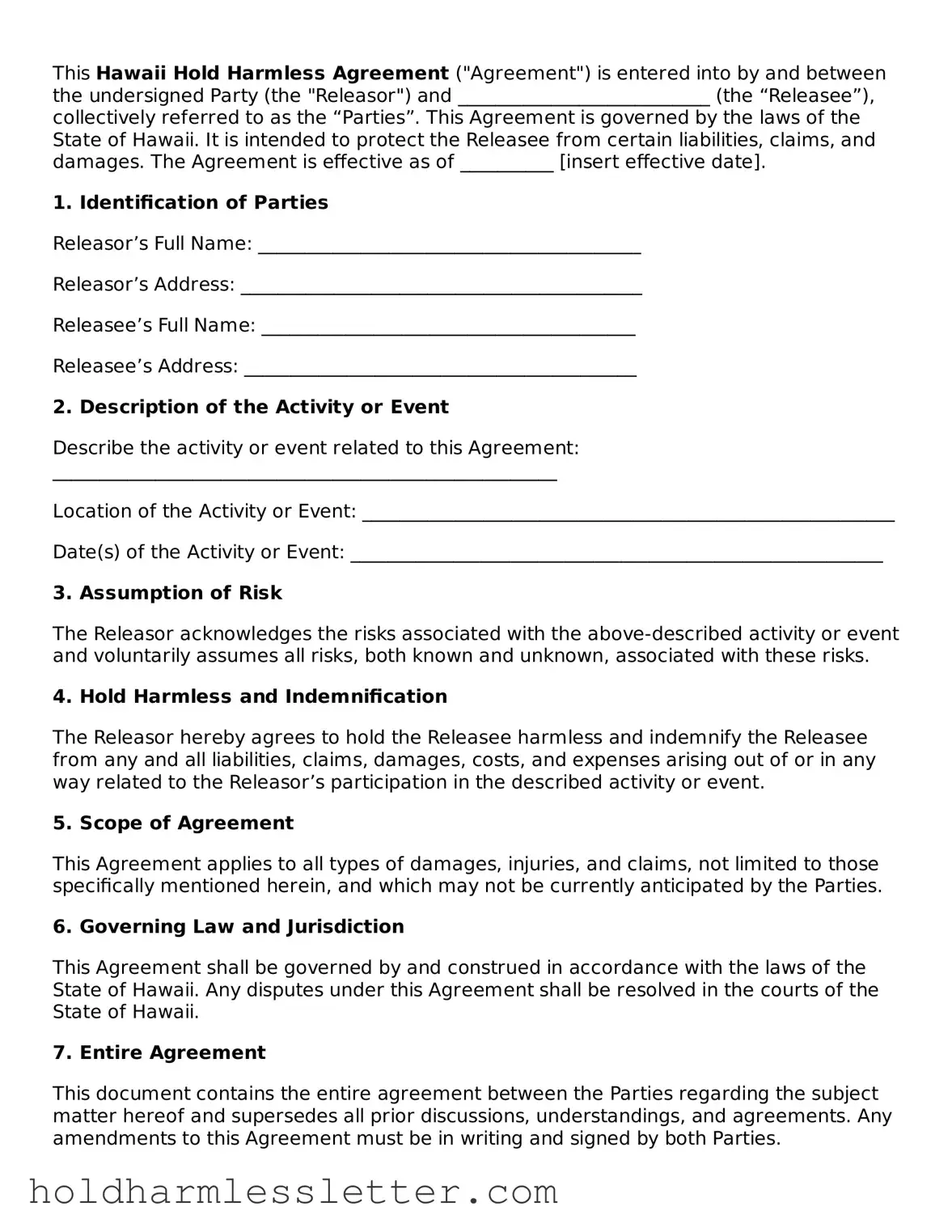 Printable Hawaii Hold Harmless Agreement Form