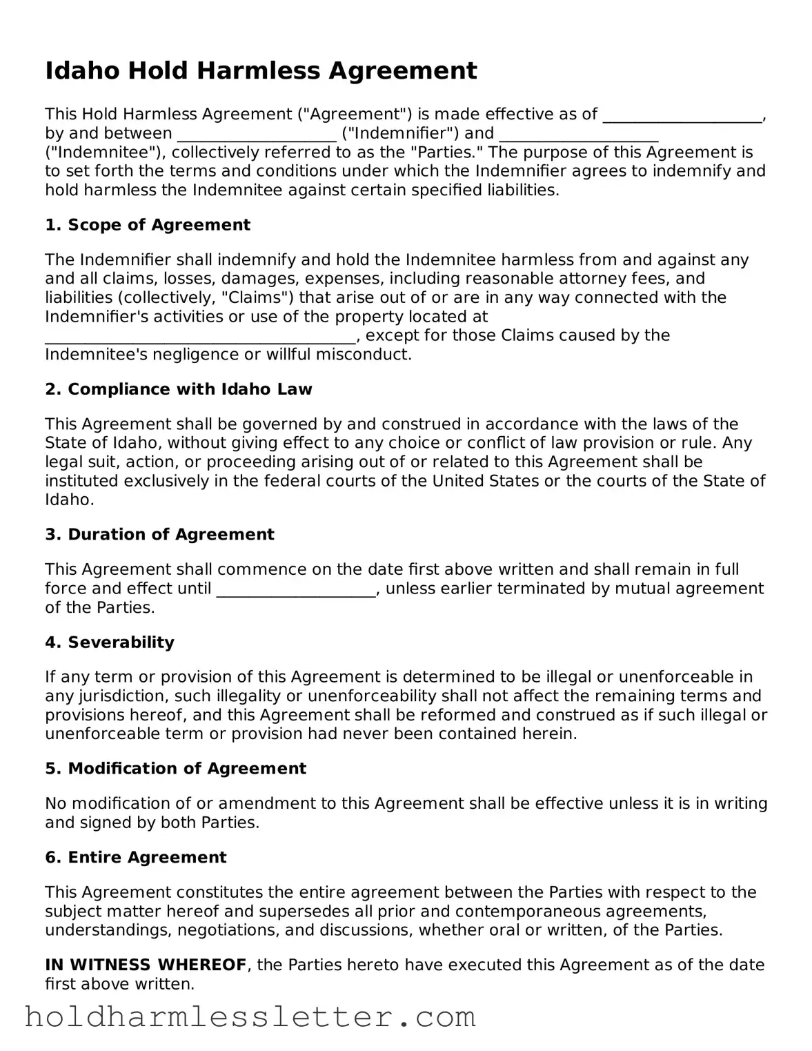 Printable Idaho Hold Harmless Agreement Form