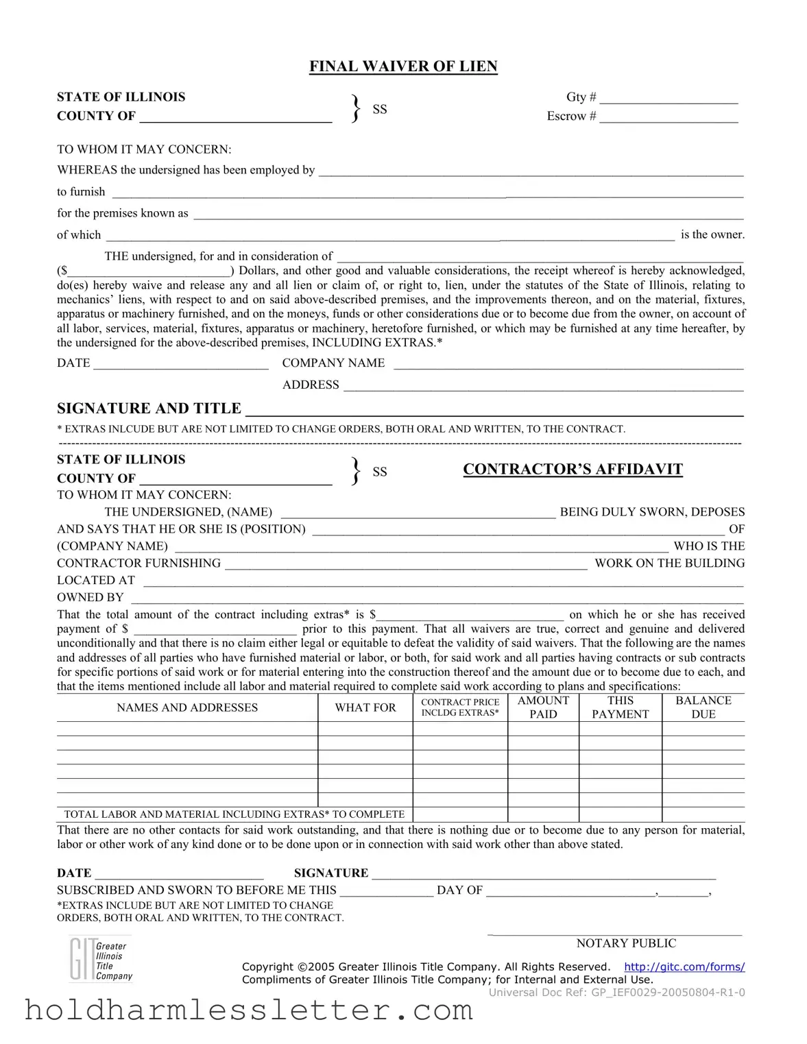 Blank Illinois Final Waiver Of Lien PDF Template