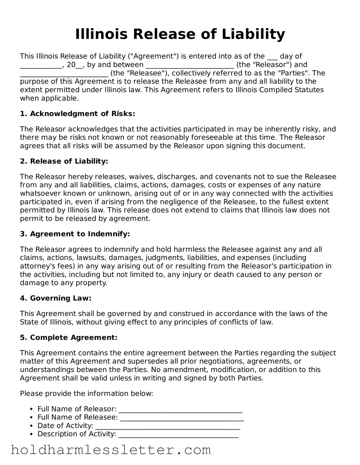 Printable Illinois Release of Liability Form