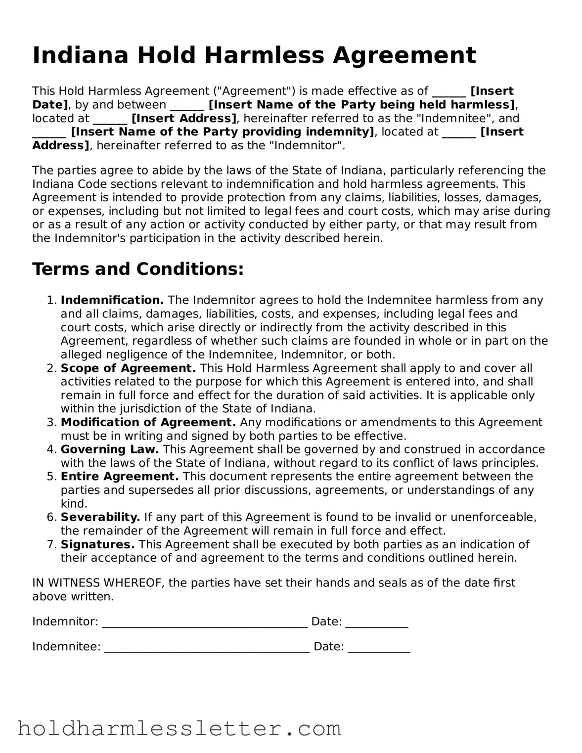 Printable Indiana Hold Harmless Agreement Form