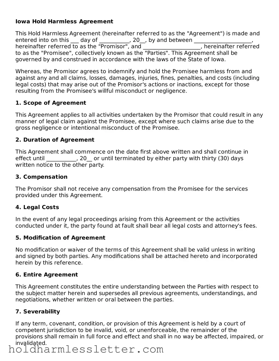 Printable Iowa Hold Harmless Agreement Form