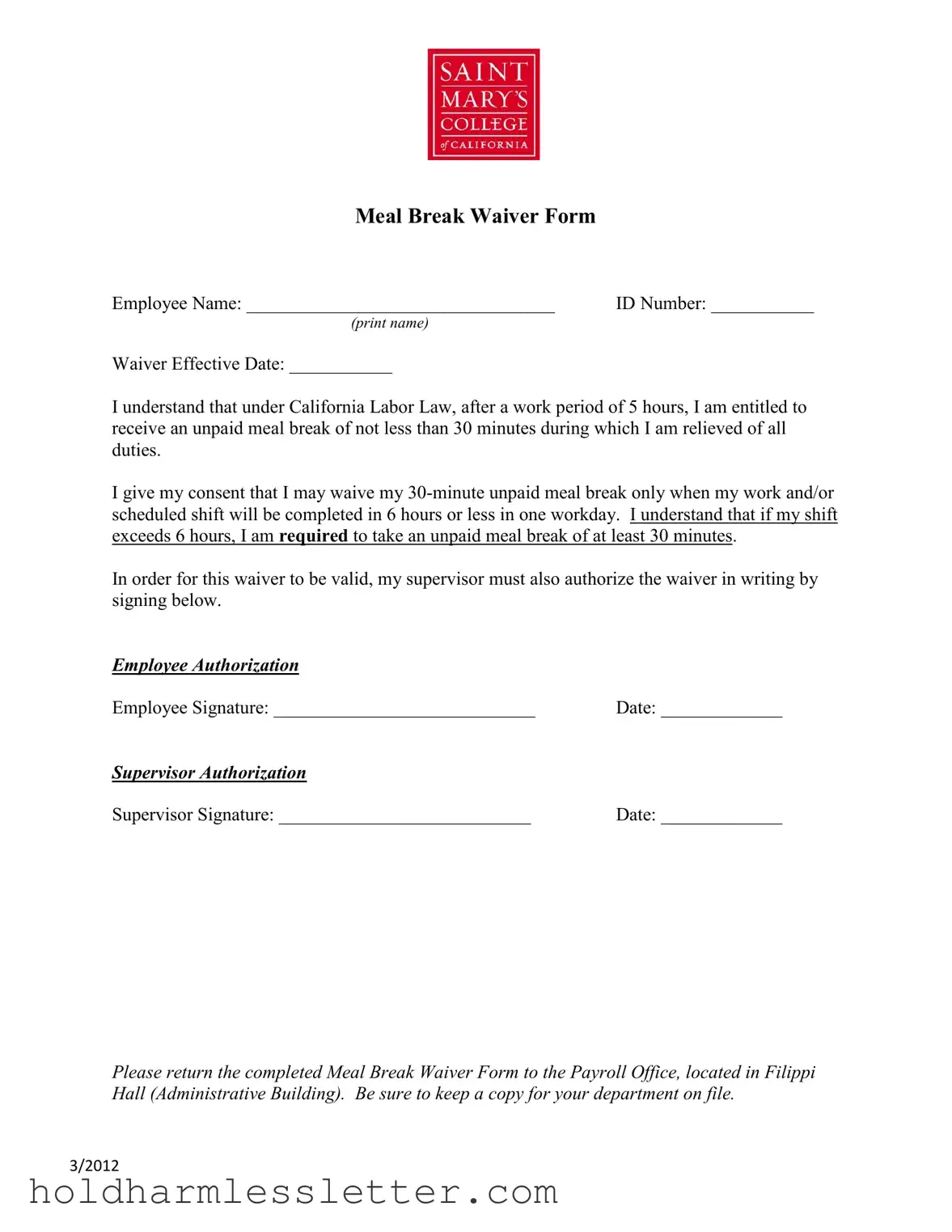 Blank Lunch Break Waiver PDF Template