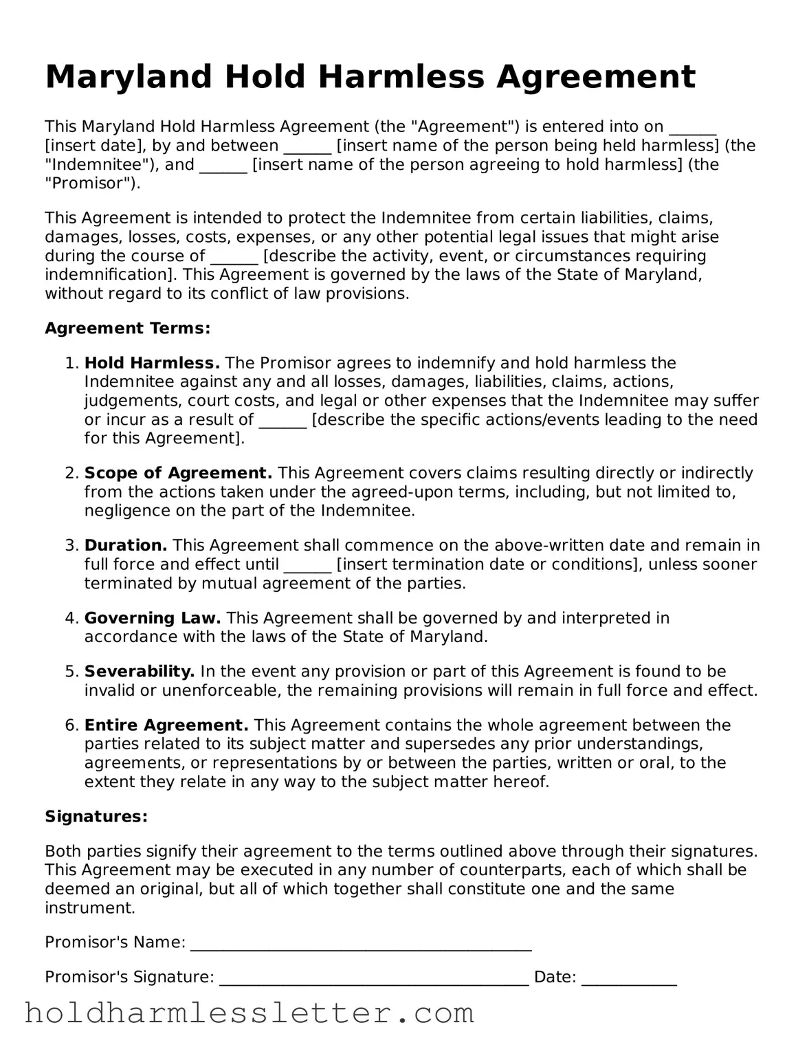 Printable Maryland Hold Harmless Agreement Form