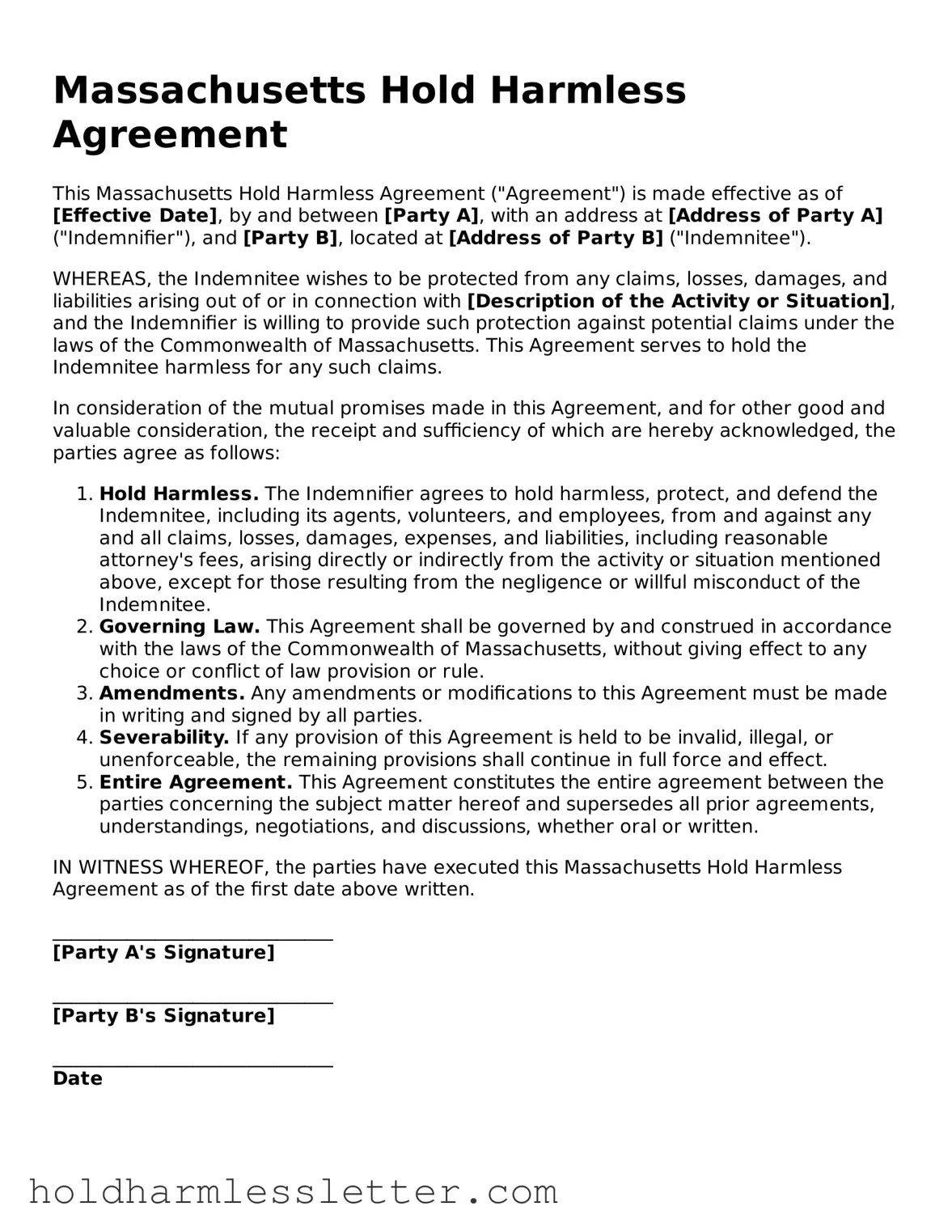 Printable Massachusetts Hold Harmless Agreement Form