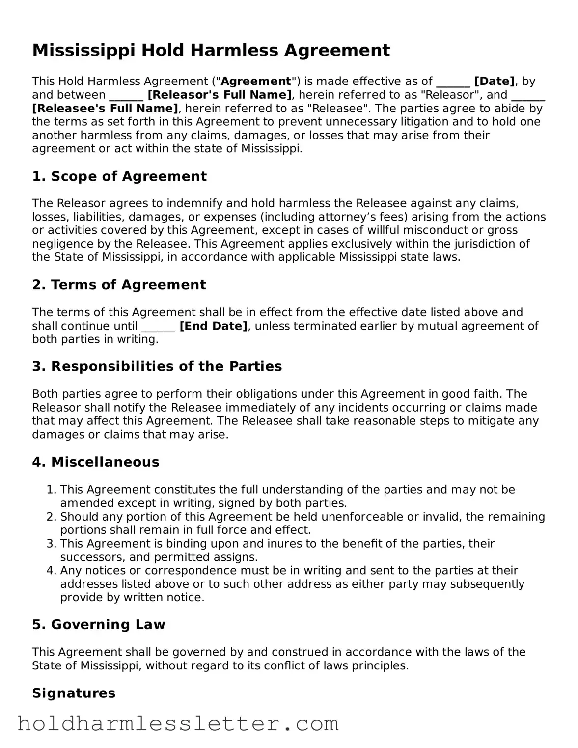 Printable Mississippi Hold Harmless Agreement Form