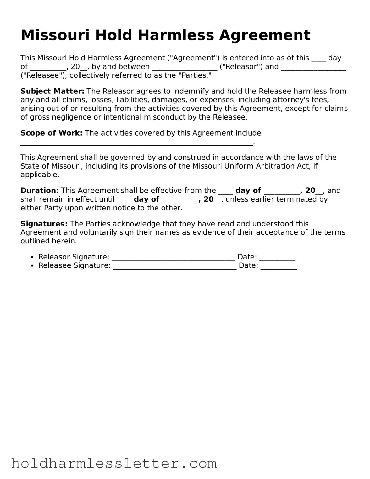 Printable Missouri Hold Harmless Agreement Form