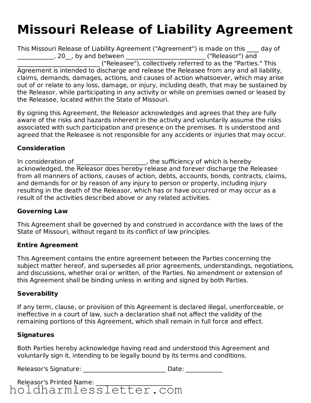 Printable Missouri Release of Liability Form