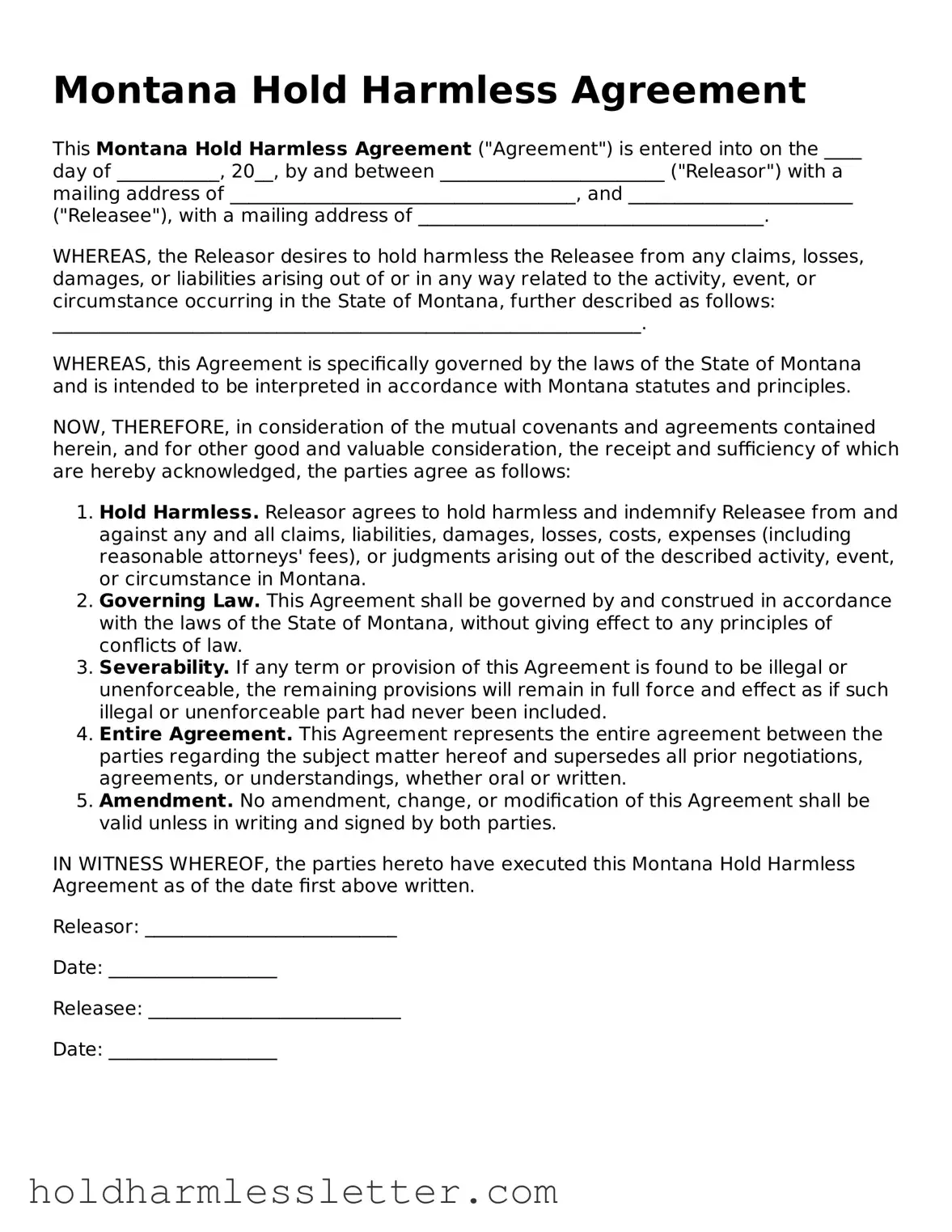 Printable Montana Hold Harmless Agreement Form