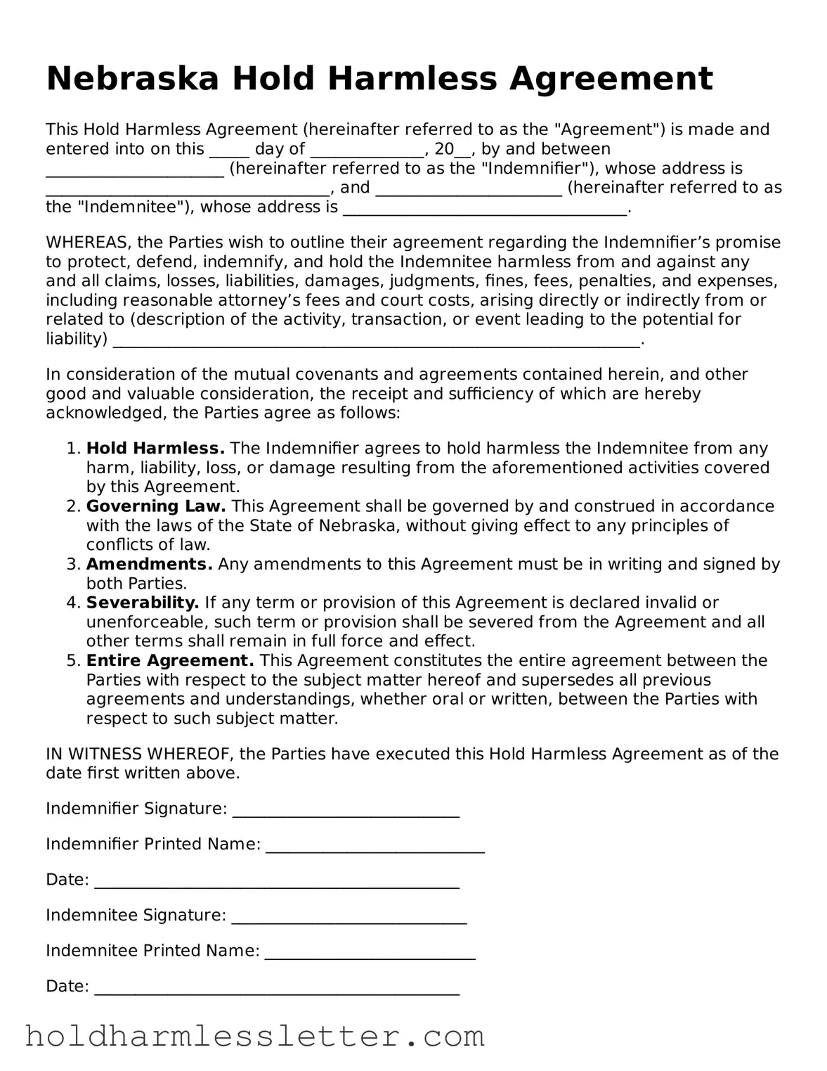 Printable Nebraska Hold Harmless Agreement Form
