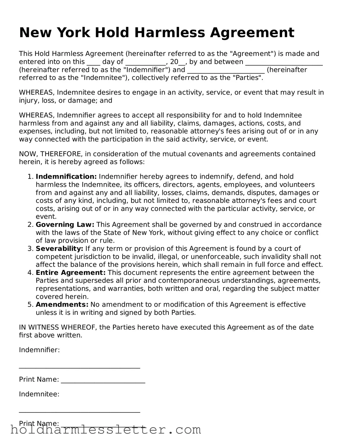 Printable New York Hold Harmless Agreement Form