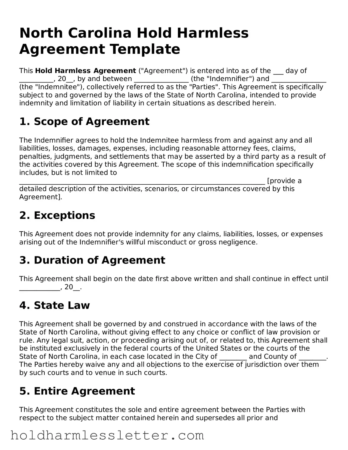 Printable North Carolina Hold Harmless Agreement Form