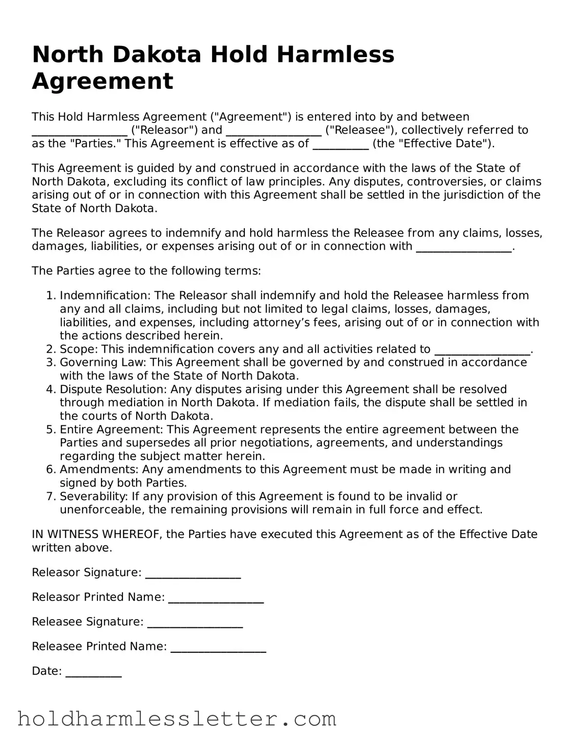 Printable North Dakota Hold Harmless Agreement Form