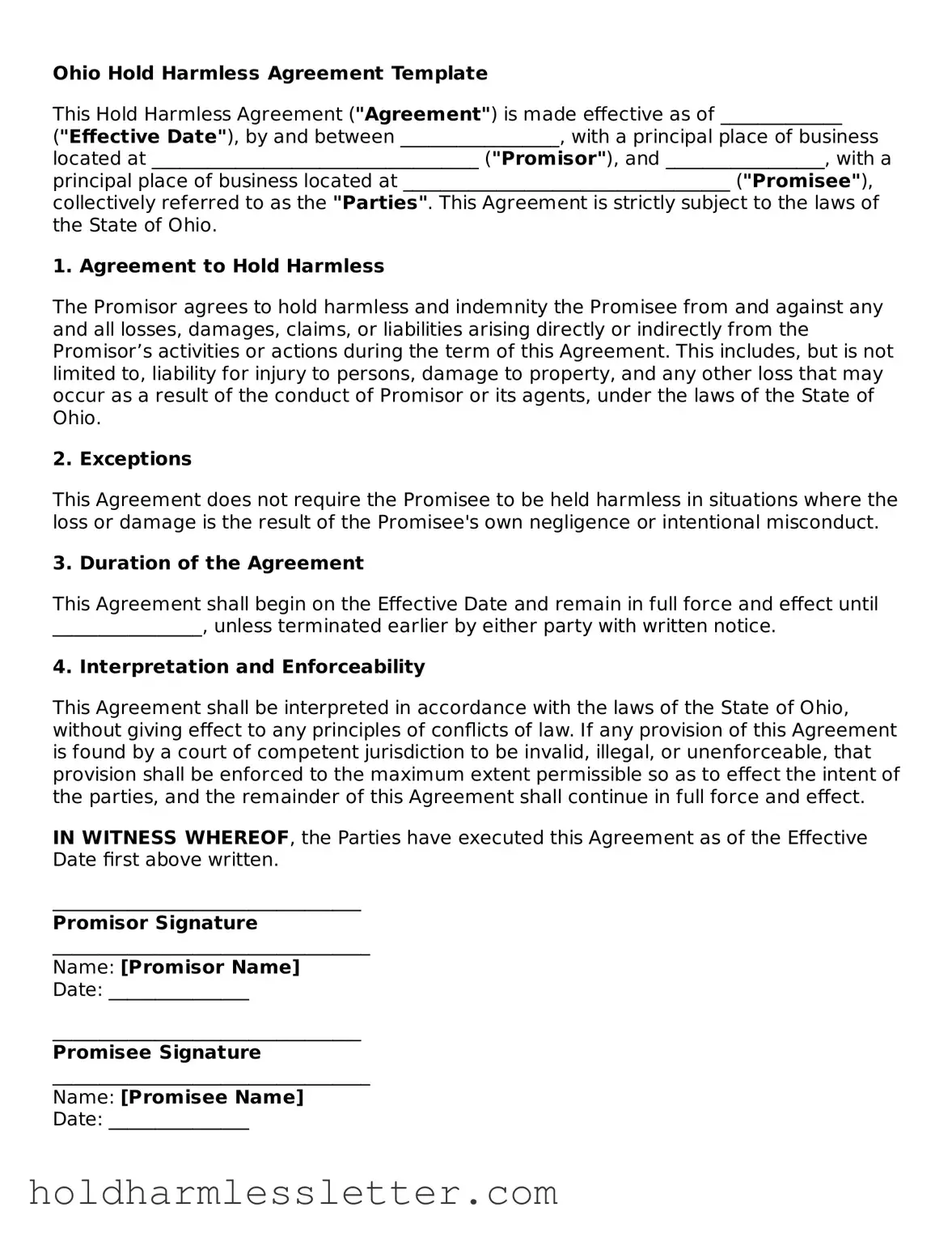 Printable Ohio Hold Harmless Agreement Form