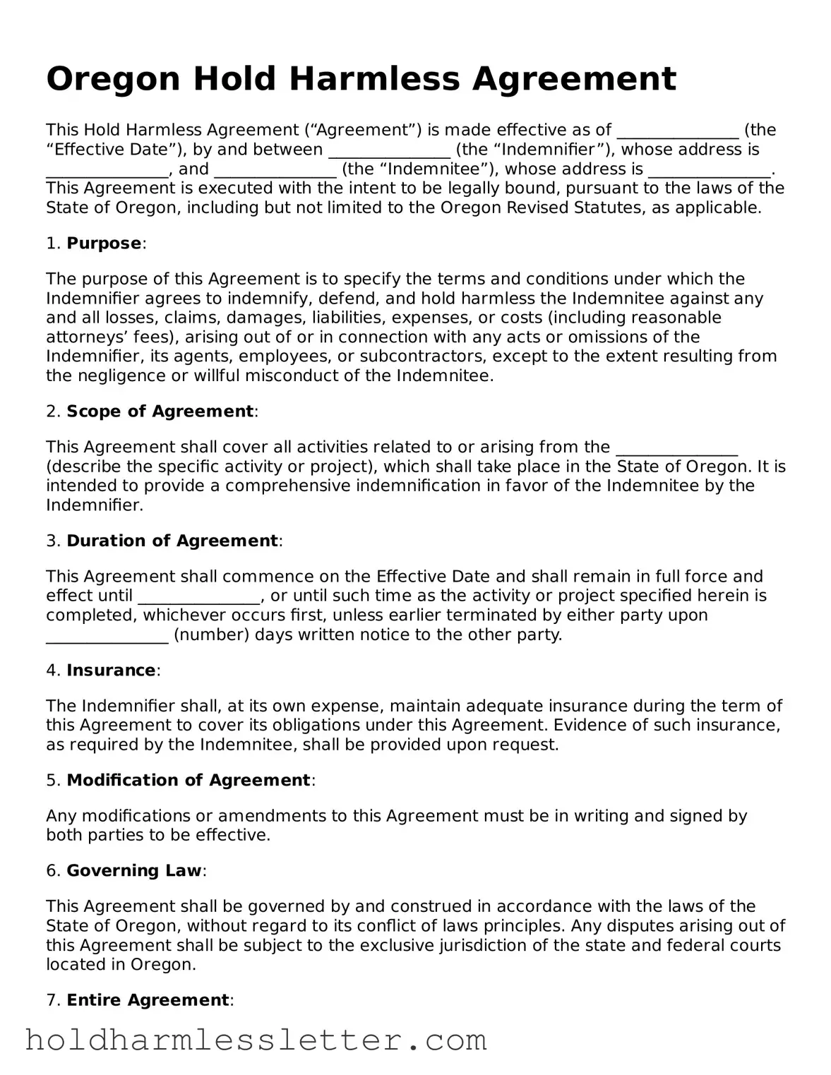 Printable Oregon Hold Harmless Agreement Form