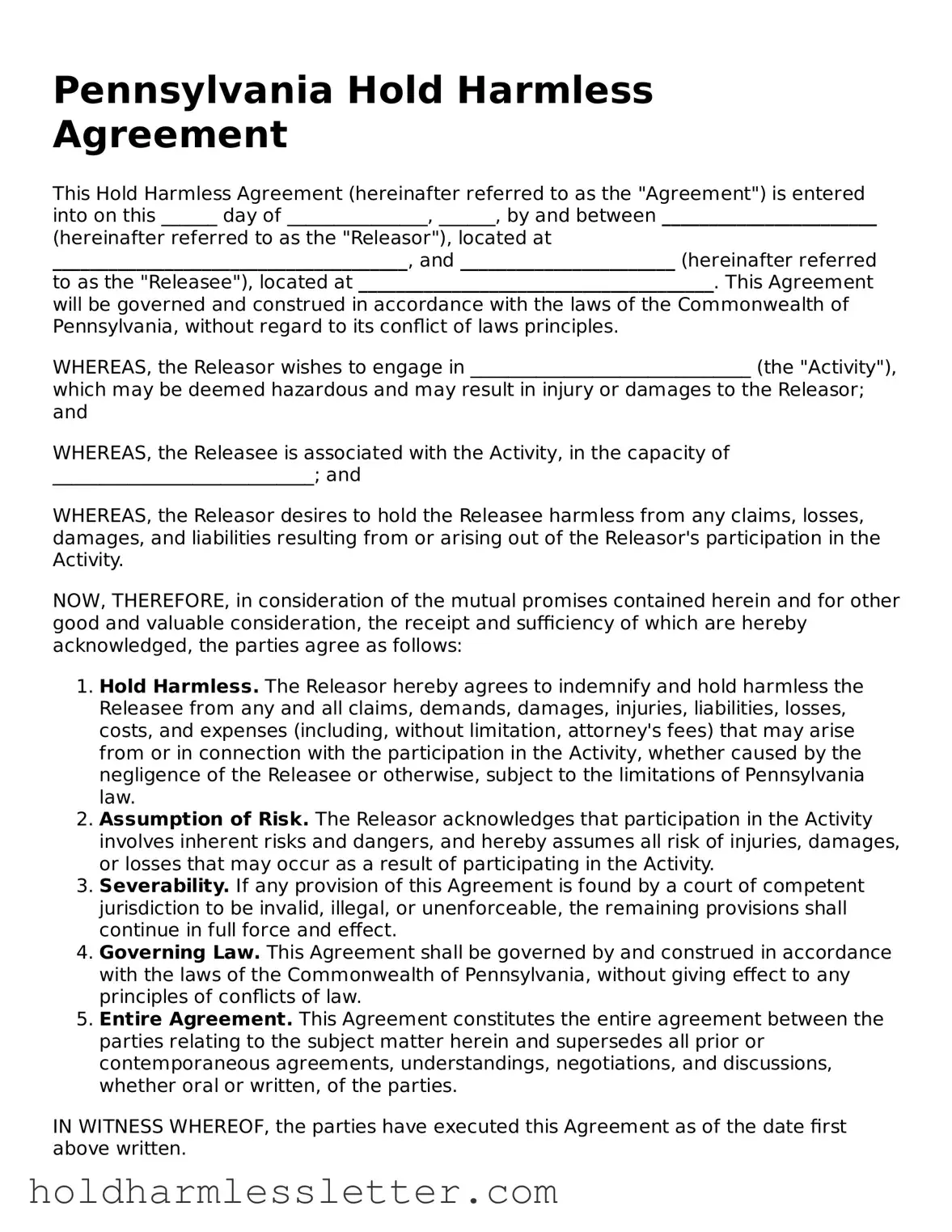 Printable Pennsylvania Hold Harmless Agreement Form