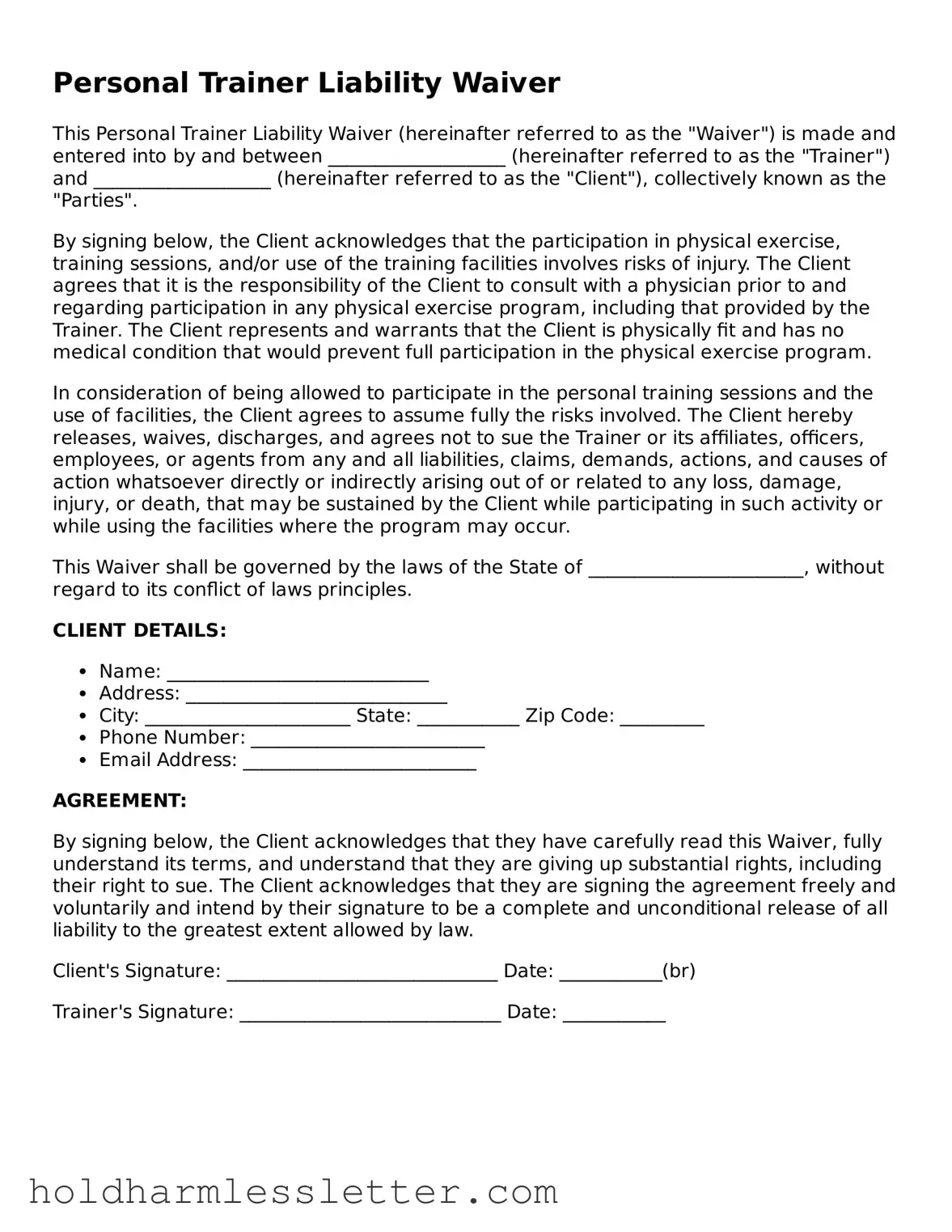 Fillable Personal Trainer Liability Waiver Template