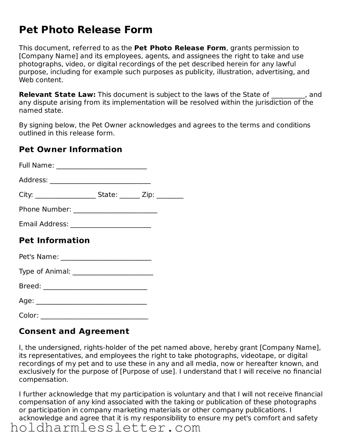 Fillable Pet Photo Release Template
