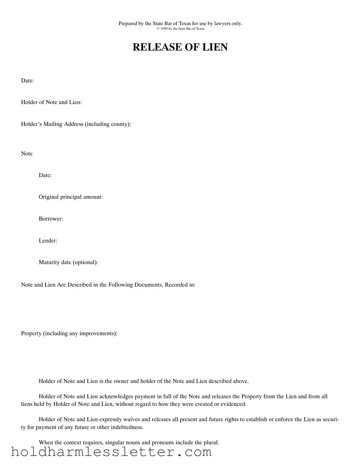 Blank Release Of Lien Texas PDF Template