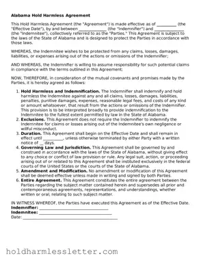 Printable Alabama Hold Harmless Agreement Form