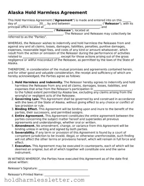 Printable Alaska Hold Harmless Agreement Form