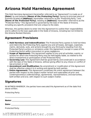 Printable Arizona Hold Harmless Agreement Form