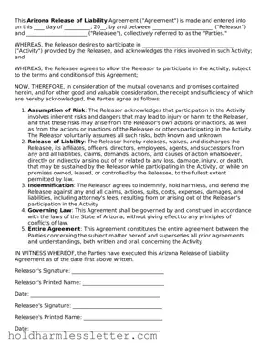 Printable Arizona Release of Liability Form