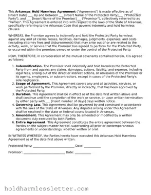 Printable Arkansas Hold Harmless Agreement Form