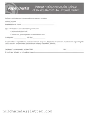 Blank Aspen Dental Health Information Release PDF Template