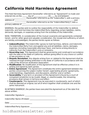 Printable California Hold Harmless Agreement Form