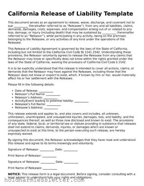 Printable California Release of Liability Form